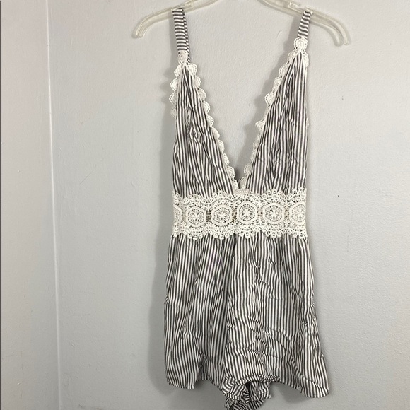 Sage Black and White Striped Lace Trim Romper - Picture 1 of 13